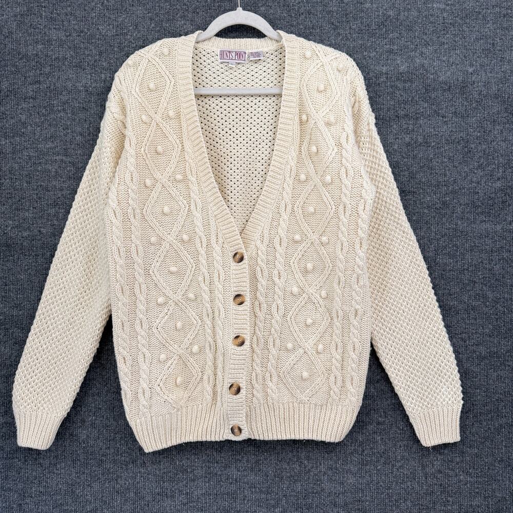 Vintage Hunts Point Cardigan Sweater Size L Cream Fisherman Grandpa Cable Knit